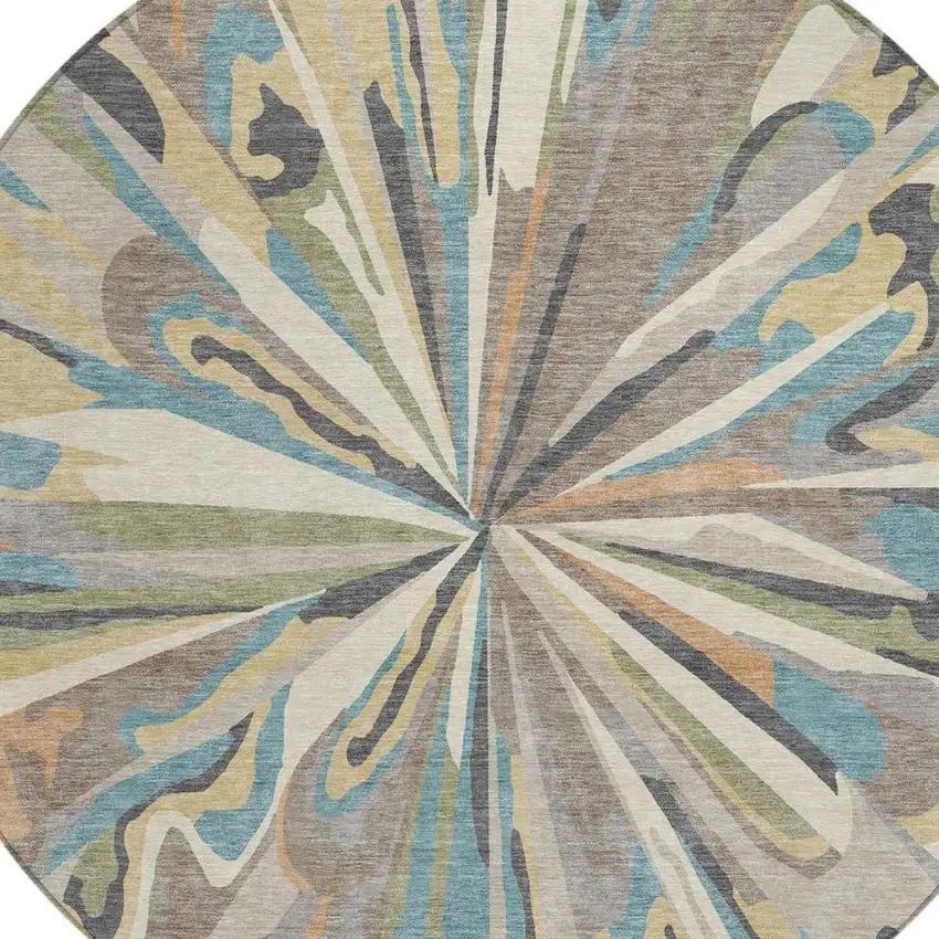 8' Beige And Brown Round Abstract Washable Indoor Outdoor Area Rug Photo 8