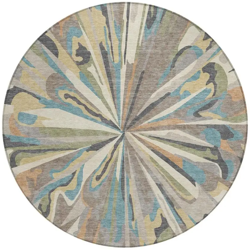 8' Beige And Brown Round Abstract Washable Indoor Outdoor Area Rug Photo 3