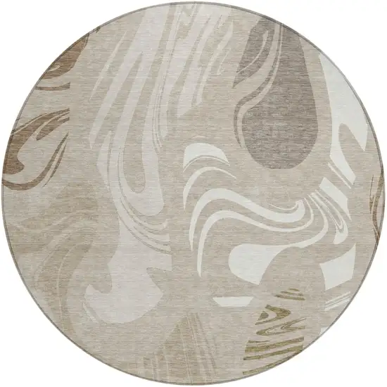 8' Beige And Brown Round Abstract Washable Indoor Outdoor Area Rug Photo 2
