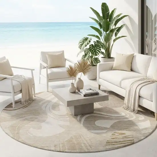 8' Beige And Brown Round Abstract Washable Indoor Outdoor Area Rug Photo 1