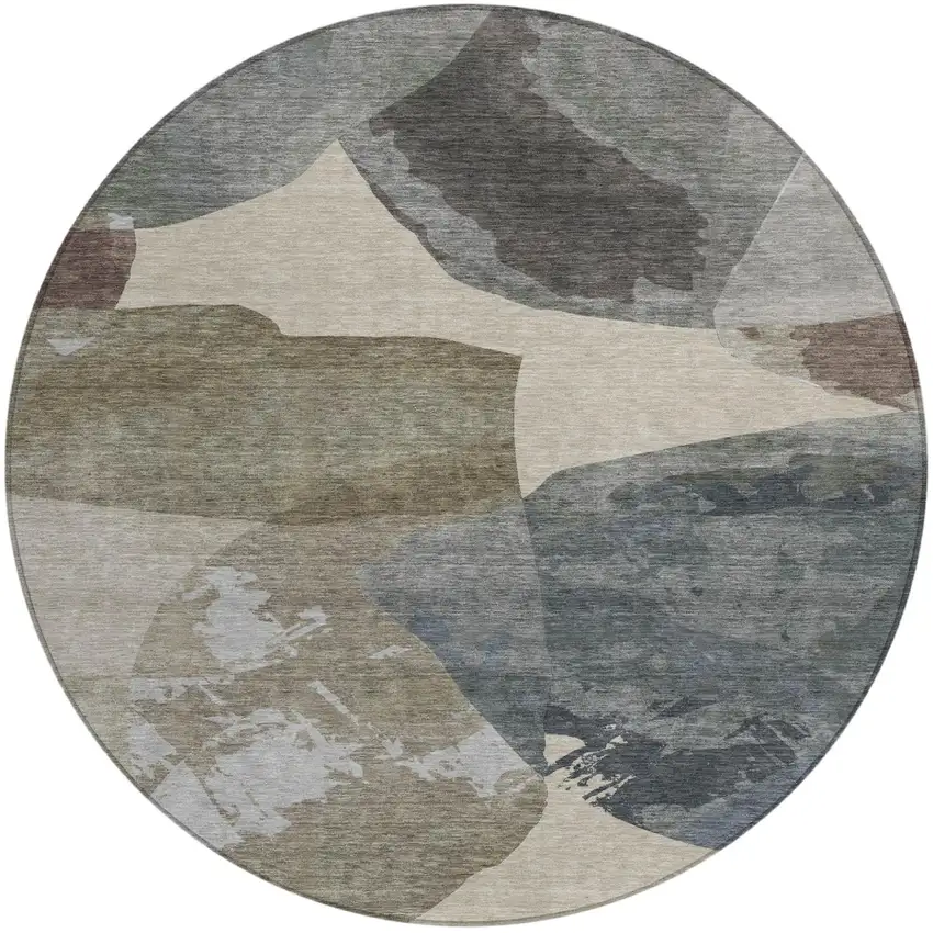 8' Beige And Brown Round Abstract Washable Indoor Outdoor Area Rug Photo 1