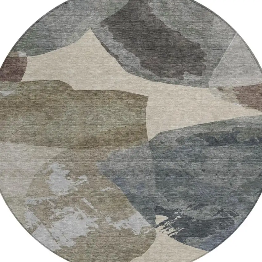 8' Beige And Brown Round Abstract Washable Indoor Outdoor Area Rug Photo 3