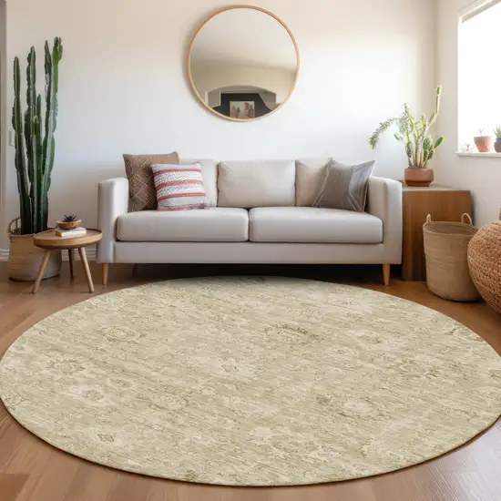 8' Beige And Brown Round Damask Washable Indoor Outdoor Area Rug Photo 8