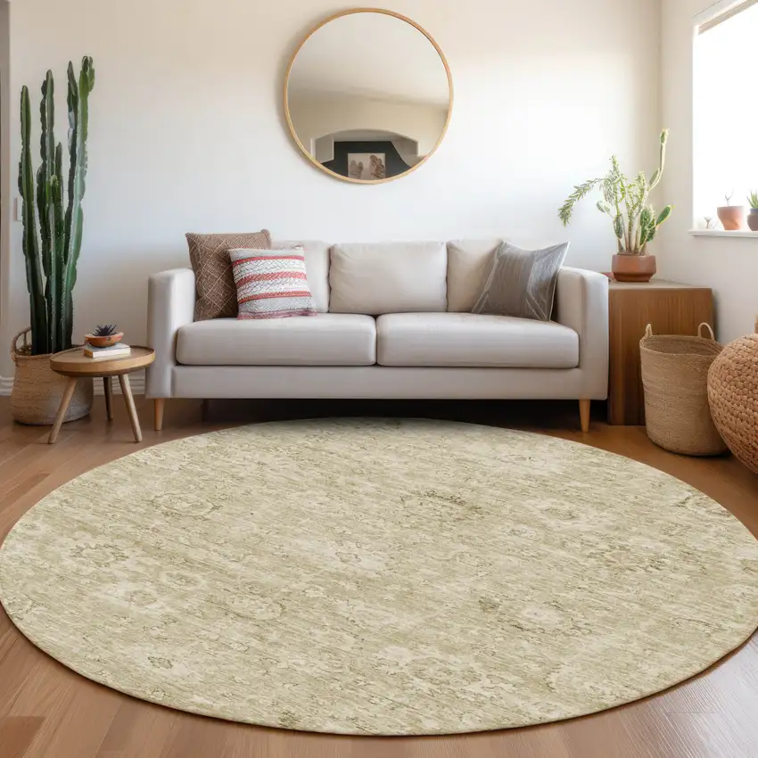8' Beige And Brown Round Damask Washable Indoor Outdoor Area Rug Photo 8