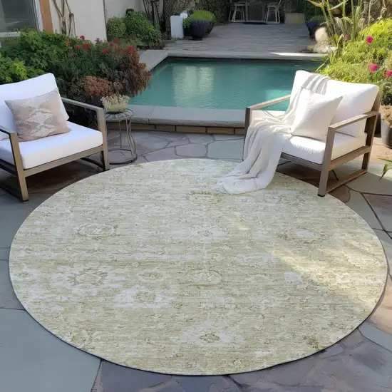 8' Beige And Brown Round Damask Washable Indoor Outdoor Area Rug Photo 7