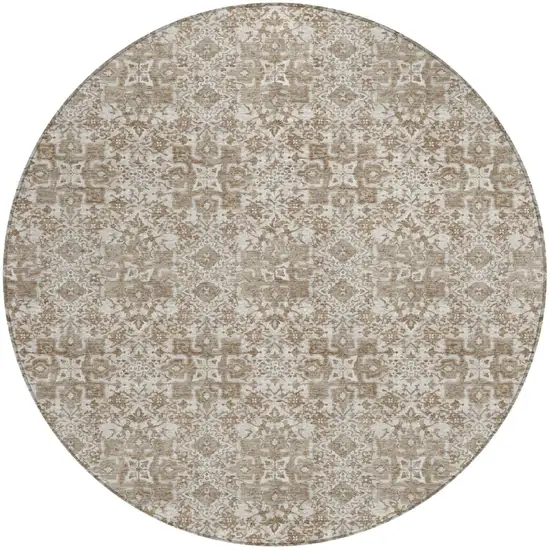 8' Beige And Brown Round Damask Washable Indoor Outdoor Area Rug Photo 2