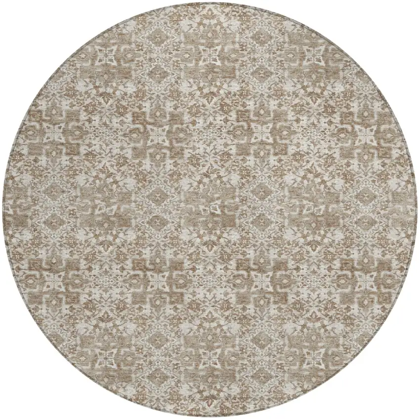 8' Beige And Brown Round Damask Washable Indoor Outdoor Area Rug Photo 2