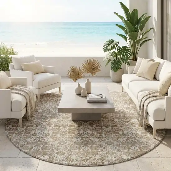 8' Beige And Brown Round Damask Washable Indoor Outdoor Area Rug Photo 1