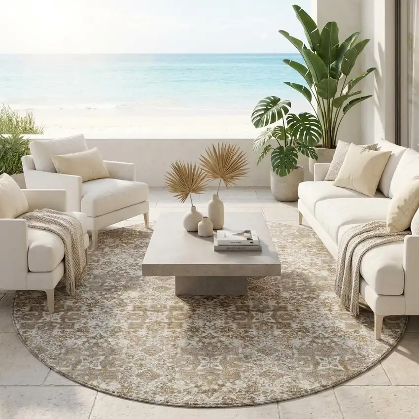 8' Beige And Brown Round Damask Washable Indoor Outdoor Area Rug Photo 1