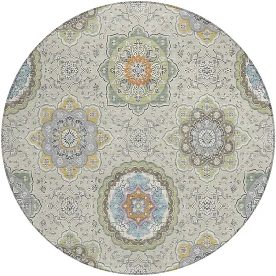 8' Beige And Brown Round Floral Medallion Washable Indoor Outdoor Area Rug Photo 2