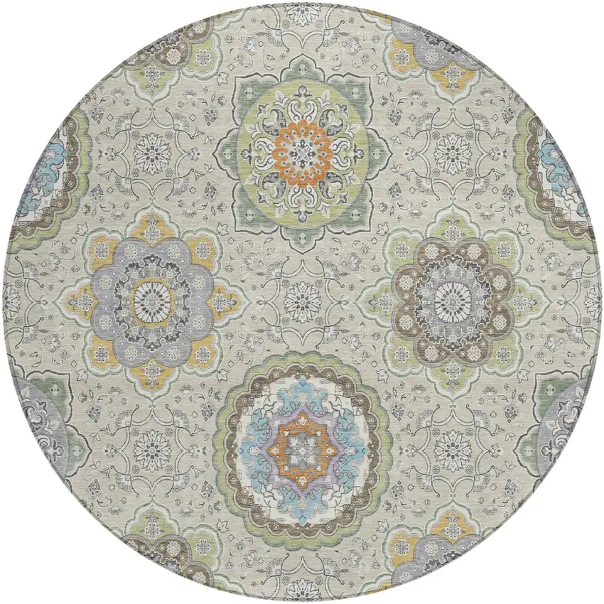 8' Beige And Brown Round Floral Medallion Washable Indoor Outdoor Area Rug Photo 2