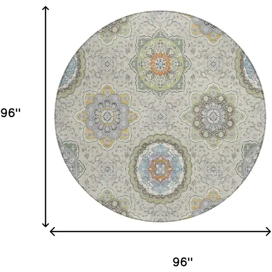 8' Beige And Brown Round Floral Medallion Washable Indoor Outdoor Area Rug Photo 8