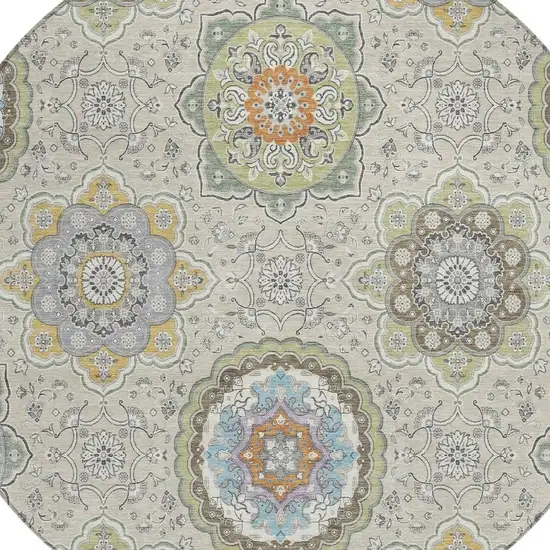 8' Beige And Brown Round Floral Medallion Washable Indoor Outdoor Area Rug Photo 5