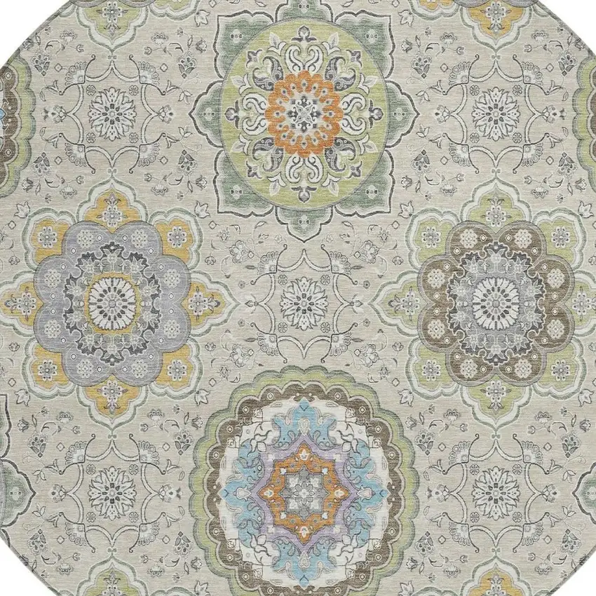 8' Beige And Brown Round Floral Medallion Washable Indoor Outdoor Area Rug Photo 5