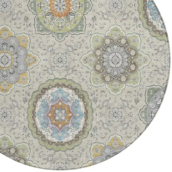 8' Beige And Brown Round Floral Medallion Washable Indoor Outdoor Area Rug Photo 4