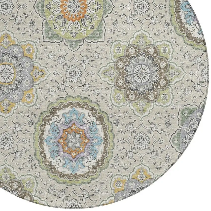 8' Beige And Brown Round Floral Medallion Washable Indoor Outdoor Area Rug Photo 4