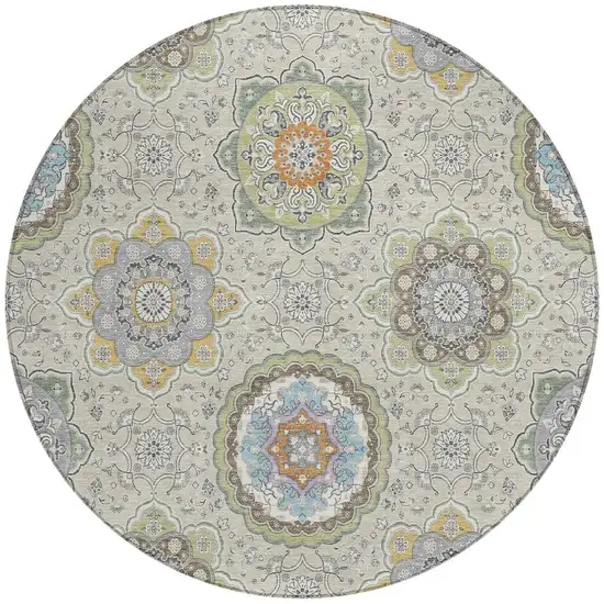 8' Beige And Brown Round Floral Medallion Washable Indoor Outdoor Area Rug Photo 3