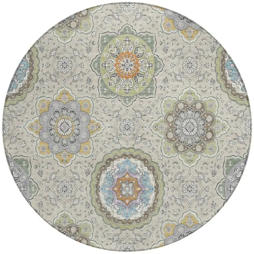 8' Beige And Brown Round Floral Medallion Washable Indoor Outdoor Area Rug Photo 3