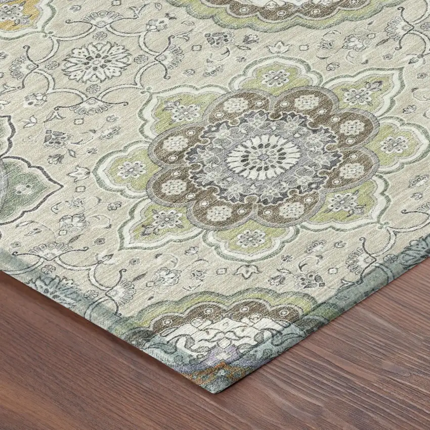 8' Beige And Brown Round Floral Medallion Washable Indoor Outdoor Area Rug Photo 6