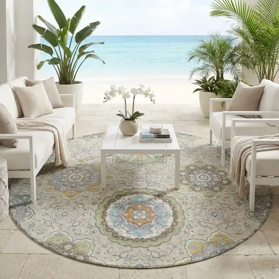 8' Beige And Brown Round Floral Medallion Washable Indoor Outdoor Area Rug Photo 1