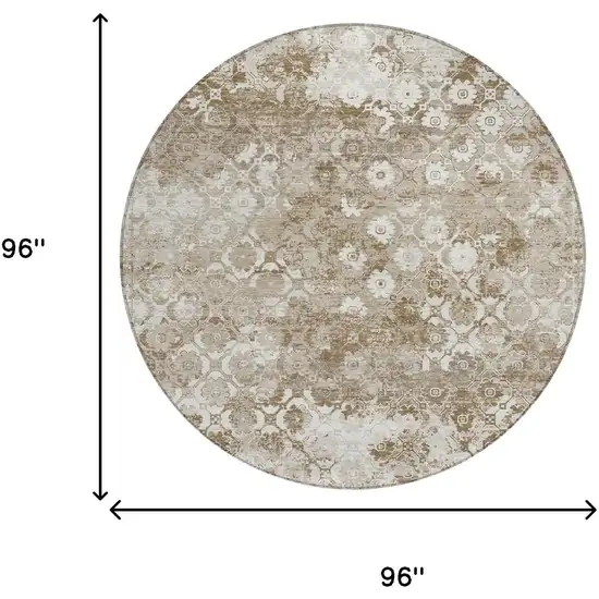 8' Beige And Brown Round Floral Medallion Washable Indoor Outdoor Area Rug Photo 5