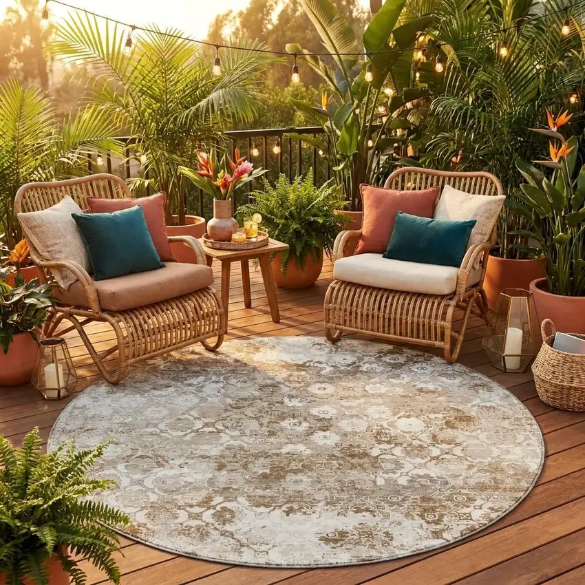 8' Beige And Brown Round Floral Medallion Washable Indoor Outdoor Area Rug Photo 1
