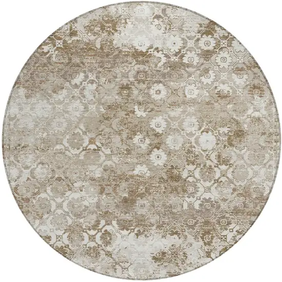 8' Beige And Brown Round Floral Medallion Washable Indoor Outdoor Area Rug Photo 2