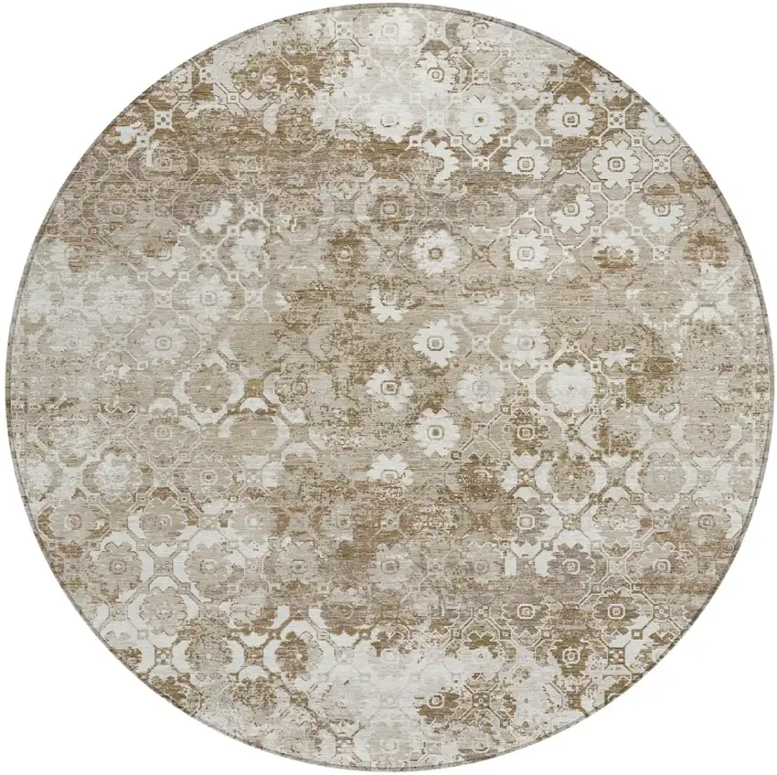 8' Beige And Brown Round Floral Medallion Washable Indoor Outdoor Area Rug Photo 2