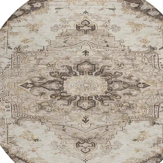 8' Beige And Brown Round Floral Medallion Washable Indoor Outdoor Area Rug Photo 5