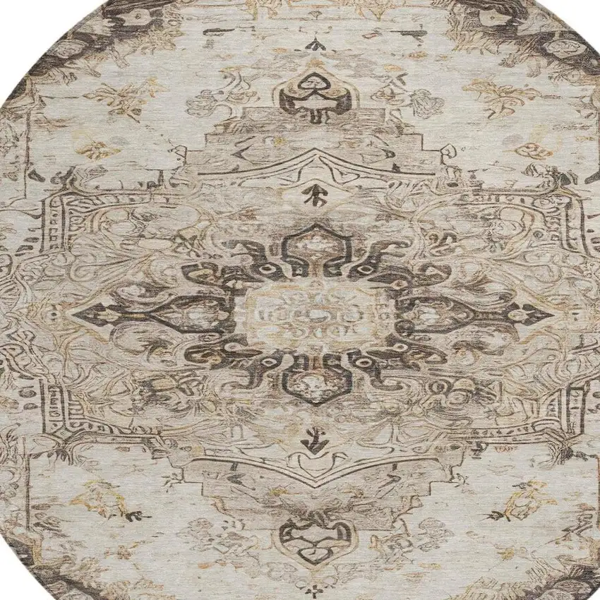 8' Beige And Brown Round Floral Medallion Washable Indoor Outdoor Area Rug Photo 5