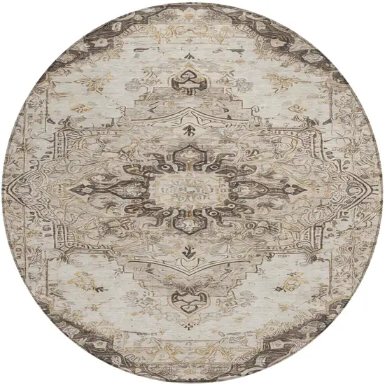 8' Beige And Brown Round Floral Medallion Washable Indoor Outdoor Area Rug Photo 1