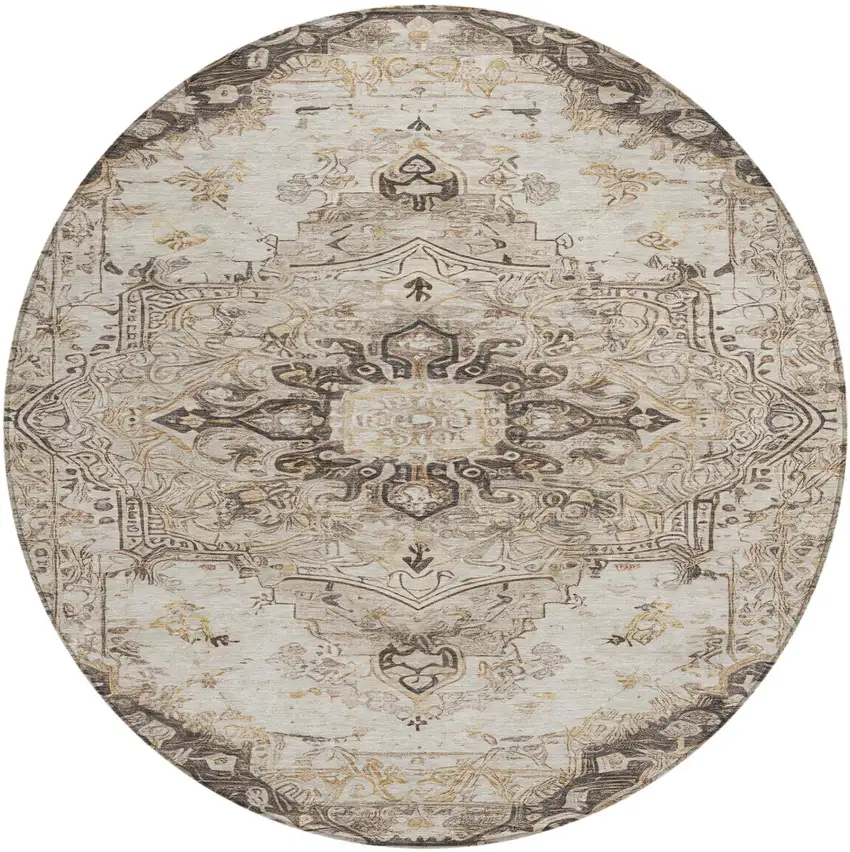 8' Beige And Brown Round Floral Medallion Washable Indoor Outdoor Area Rug Photo 1
