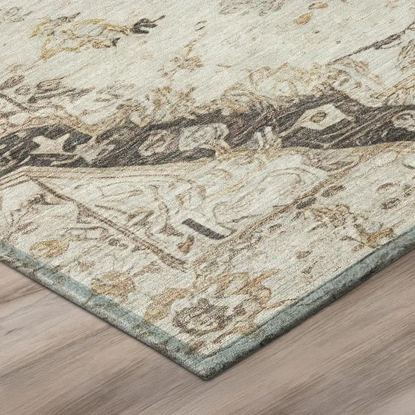 8' Beige And Brown Round Floral Medallion Washable Indoor Outdoor Area Rug Photo 8