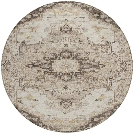 8' Beige And Brown Round Floral Medallion Washable Indoor Outdoor Area Rug Photo 2
