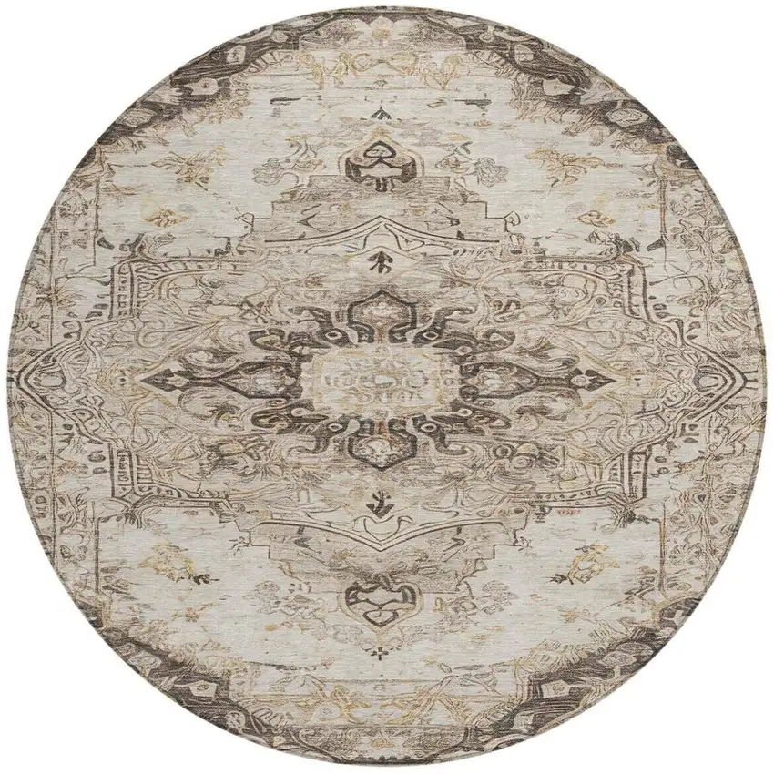 8' Beige And Brown Round Floral Medallion Washable Indoor Outdoor Area Rug Photo 2