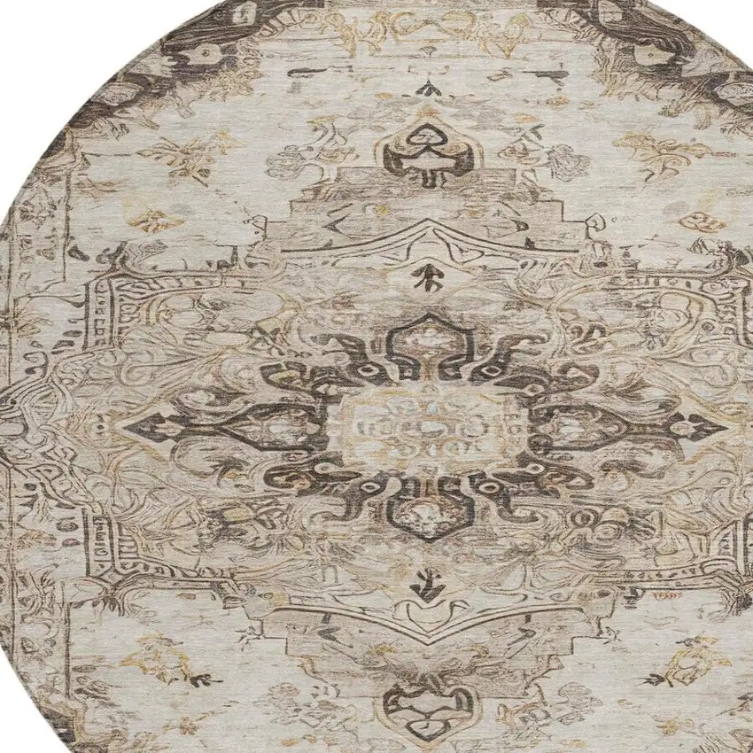 8' Beige And Brown Round Floral Medallion Washable Indoor Outdoor Area Rug Photo 4