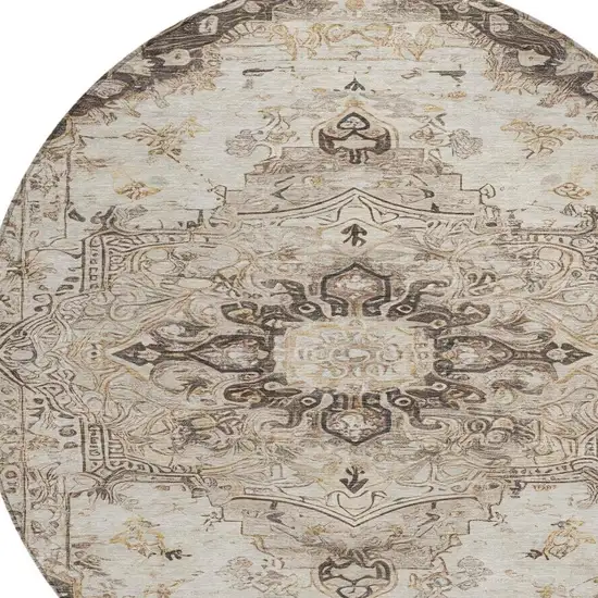 8' Beige And Brown Round Floral Medallion Washable Indoor Outdoor Area Rug Photo 7