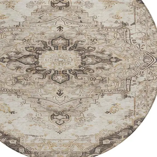 8' Beige And Brown Round Floral Medallion Washable Indoor Outdoor Area Rug Photo 6
