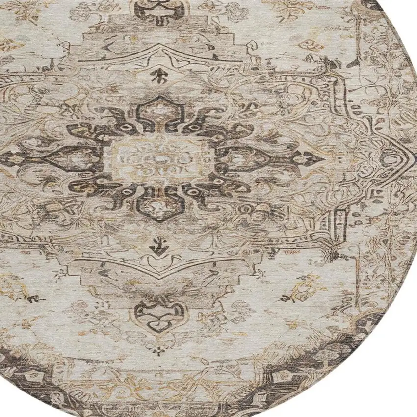 8' Beige And Brown Round Floral Medallion Washable Indoor Outdoor Area Rug Photo 6