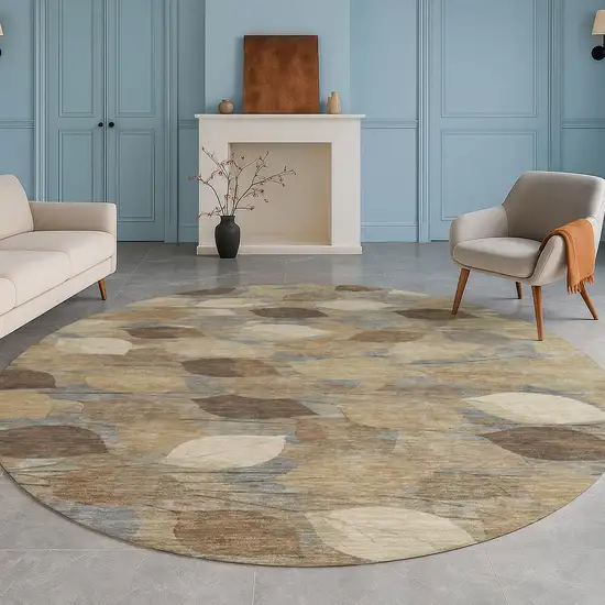 8' Beige And Brown Round Floral Washable Indoor Outdoor Area Rug Photo 5