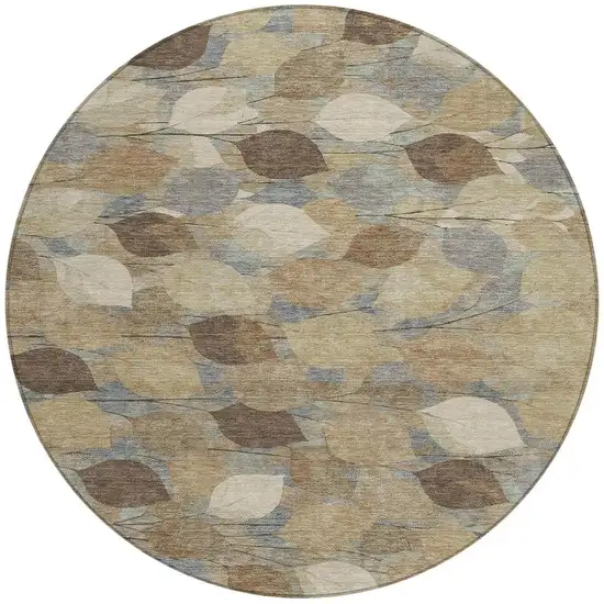 8' Beige And Brown Round Floral Washable Indoor Outdoor Area Rug Photo 3