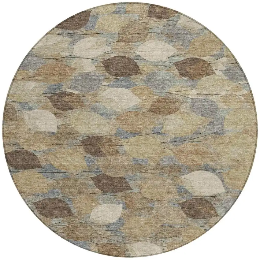 8' Beige And Brown Round Floral Washable Indoor Outdoor Area Rug Photo 3