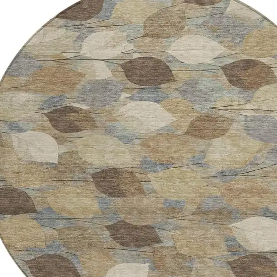 8' Beige And Brown Round Floral Washable Indoor Outdoor Area Rug Photo 2