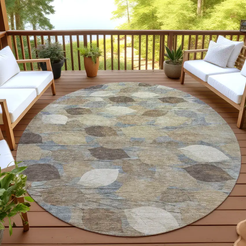 8' Beige And Brown Round Floral Washable Indoor Outdoor Area Rug Photo 4