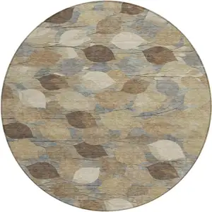Photo of 8' Beige And Brown Round Floral Washable Indoor Outdoor Area Rug