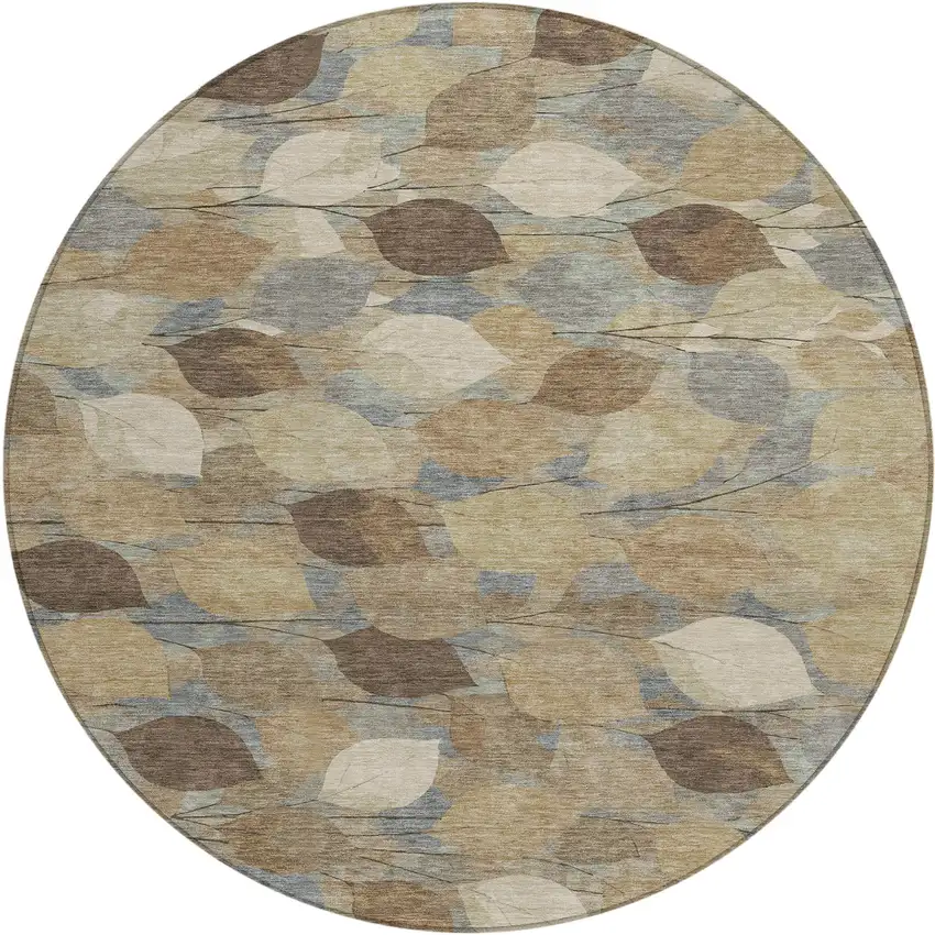 8' Beige And Brown Round Floral Washable Indoor Outdoor Area Rug Photo 1