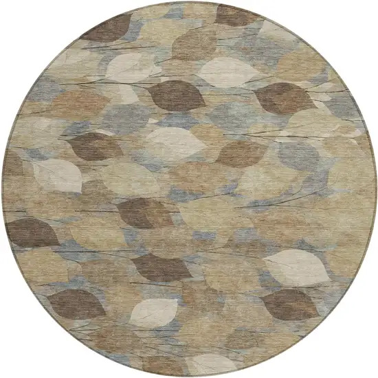 8' Beige And Brown Round Floral Washable Indoor Outdoor Area Rug Photo 1