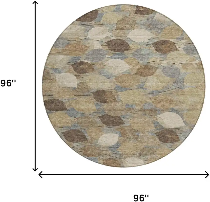 8' Beige And Brown Round Floral Washable Indoor Outdoor Area Rug Photo 8