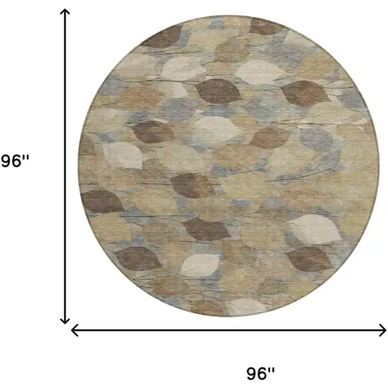 8' Beige And Brown Round Floral Washable Indoor Outdoor Area Rug Photo 8