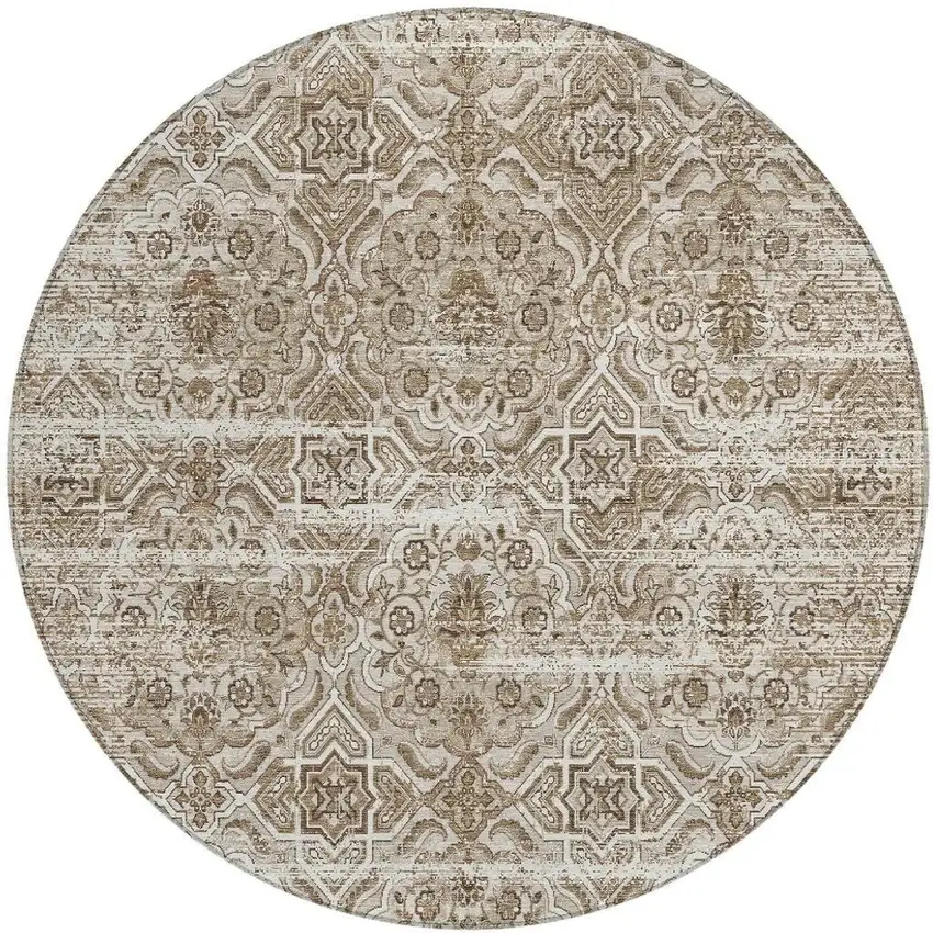 8' Beige And Brown Round Floral Washable Indoor Outdoor Area Rug Photo 4